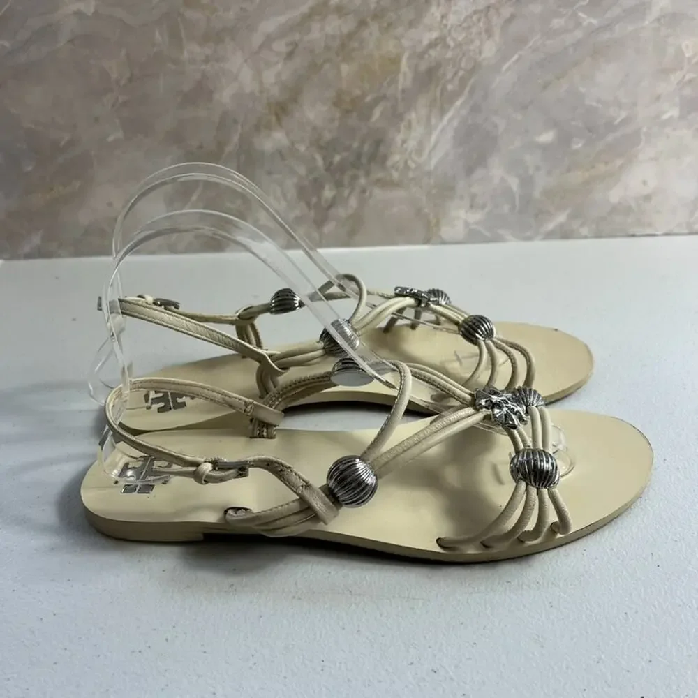 Tory Burch Sandals Women's 8.5 M Capri Multi Strap Ivory Leather Silver Charms